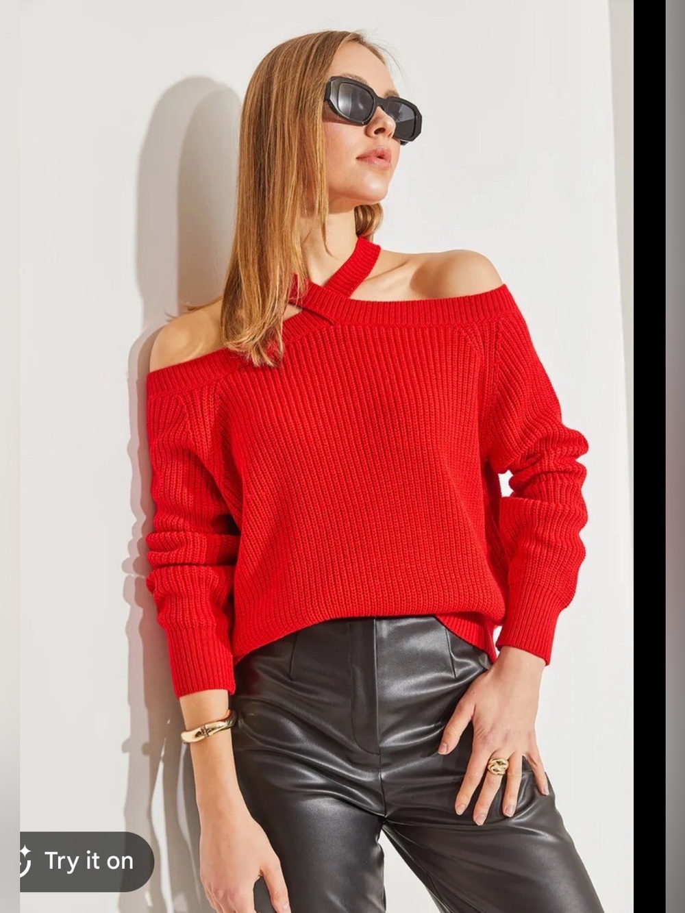 Vine & Love Collar Cold-Shoulder Sweater Red Cold-Shoulder Sweater